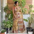 Yellow Printed Cotton Kalamkari Saree, draped and worn by a woman, AI visual of the saree, iTokri