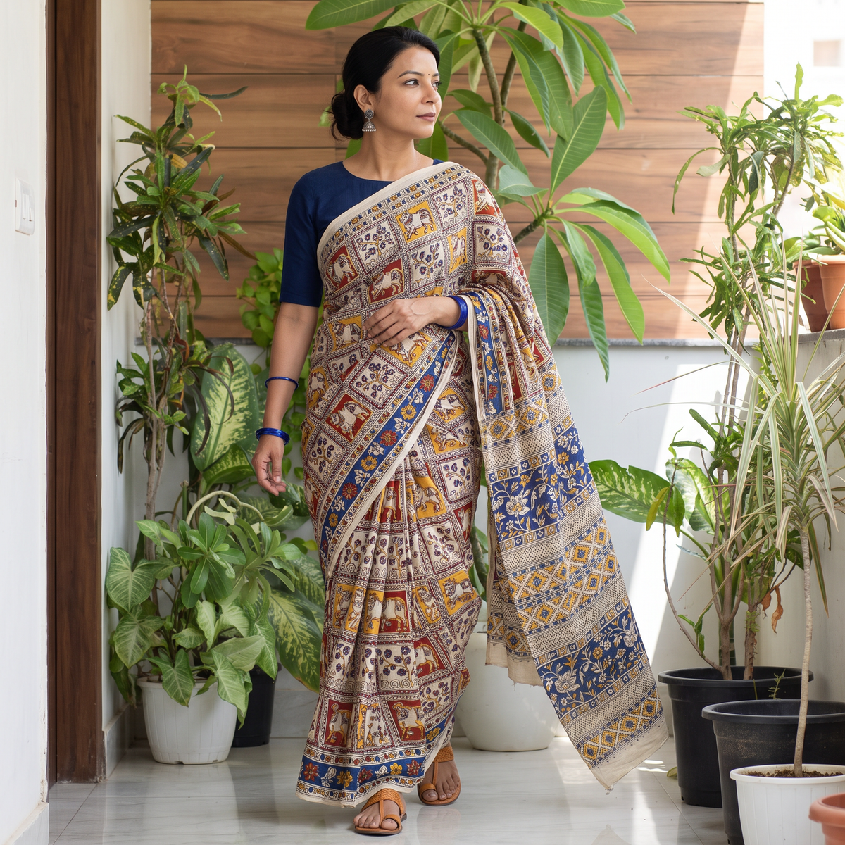 Off White Printed Cotton Kalamkari Saree, draped and worn by a woman, AI visual of the saree, iTokri