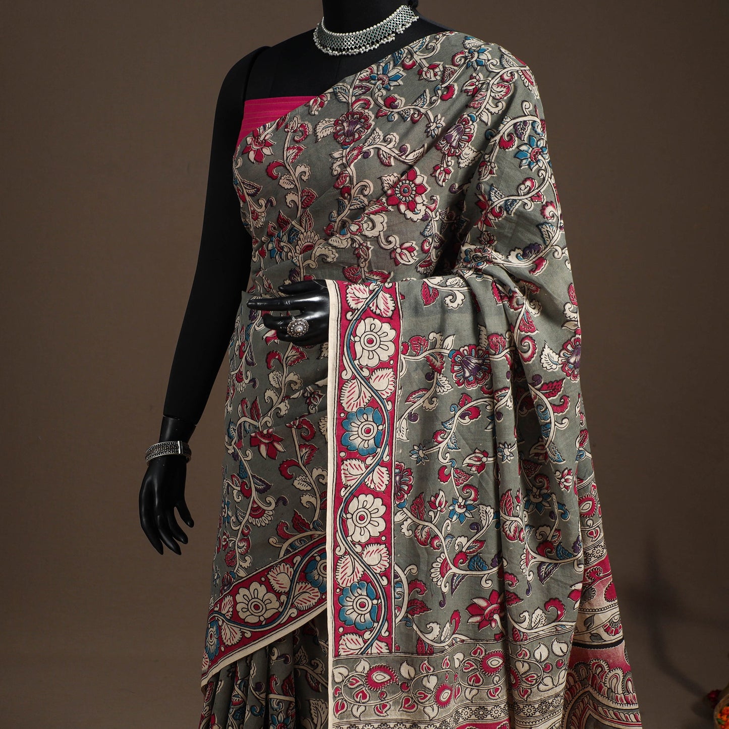 Printed cotton kalamkari saree with jacquard blouse 75
