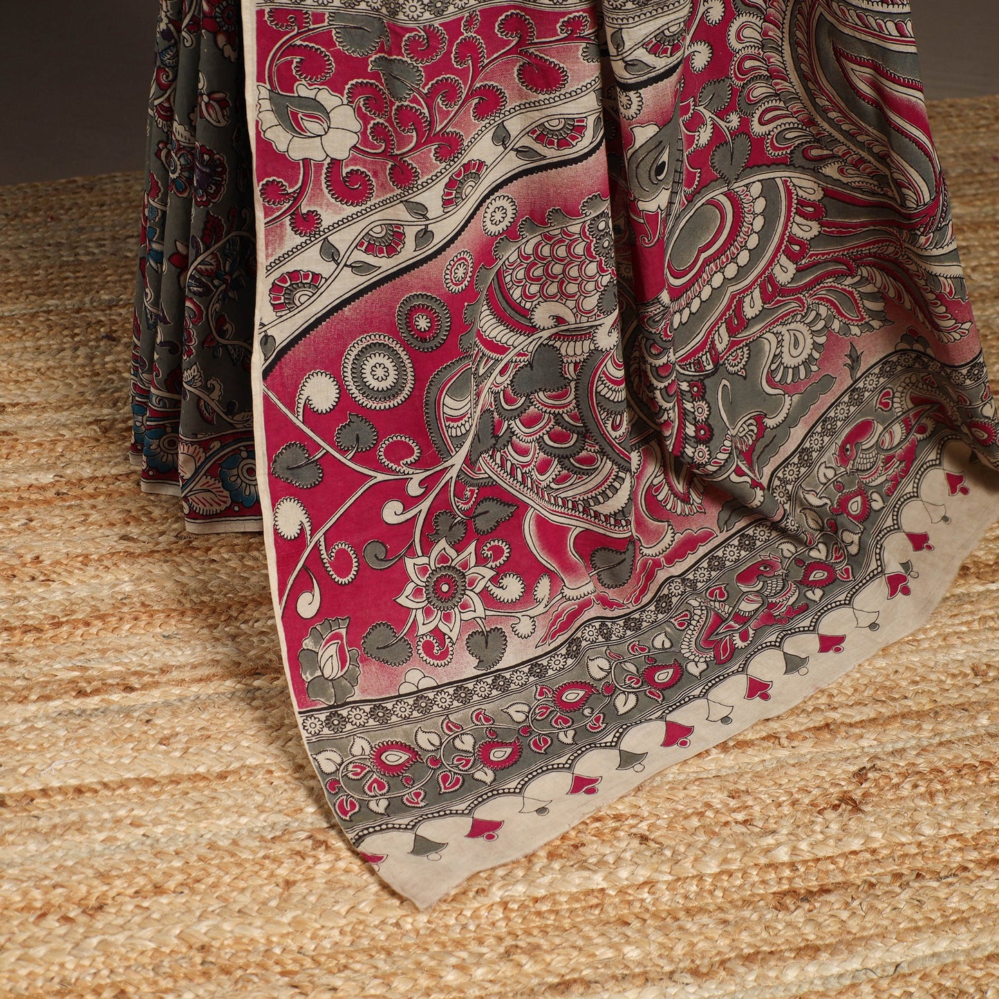 Printed cotton kalamkari saree with jacquard blouse 75