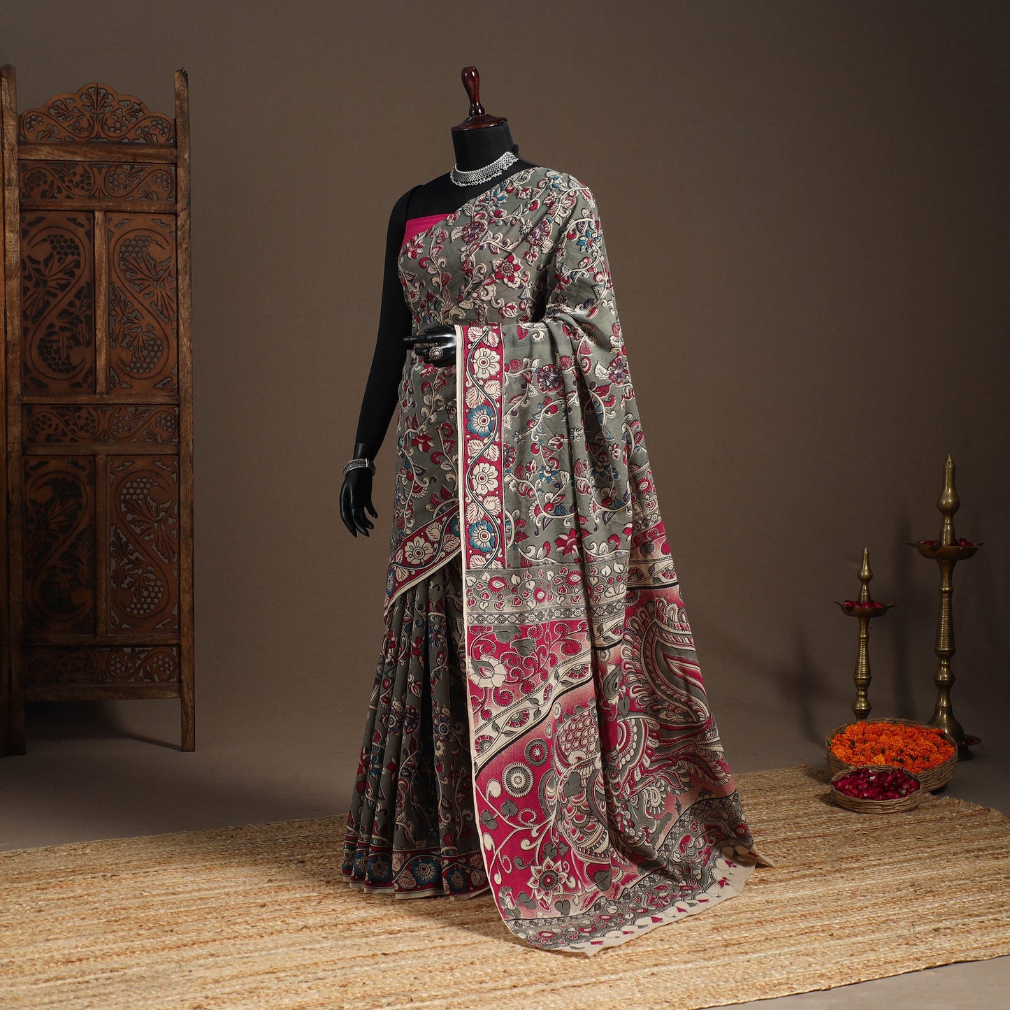 Printed cotton kalamkari saree with jacquard blouse 75