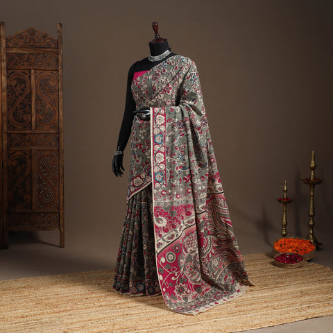 Printed cotton kalamkari saree with jacquard blouse 75