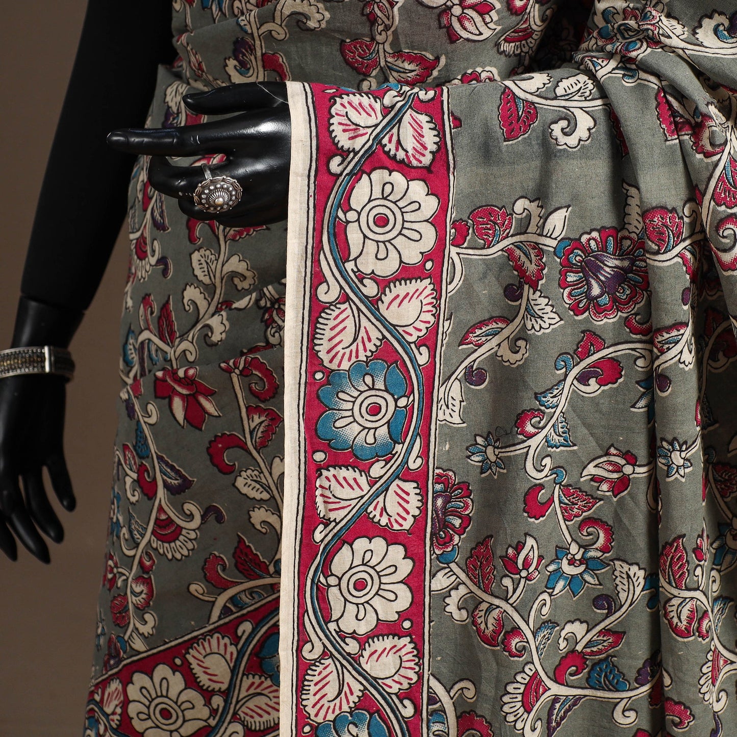 Printed cotton kalamkari saree with jacquard blouse 75