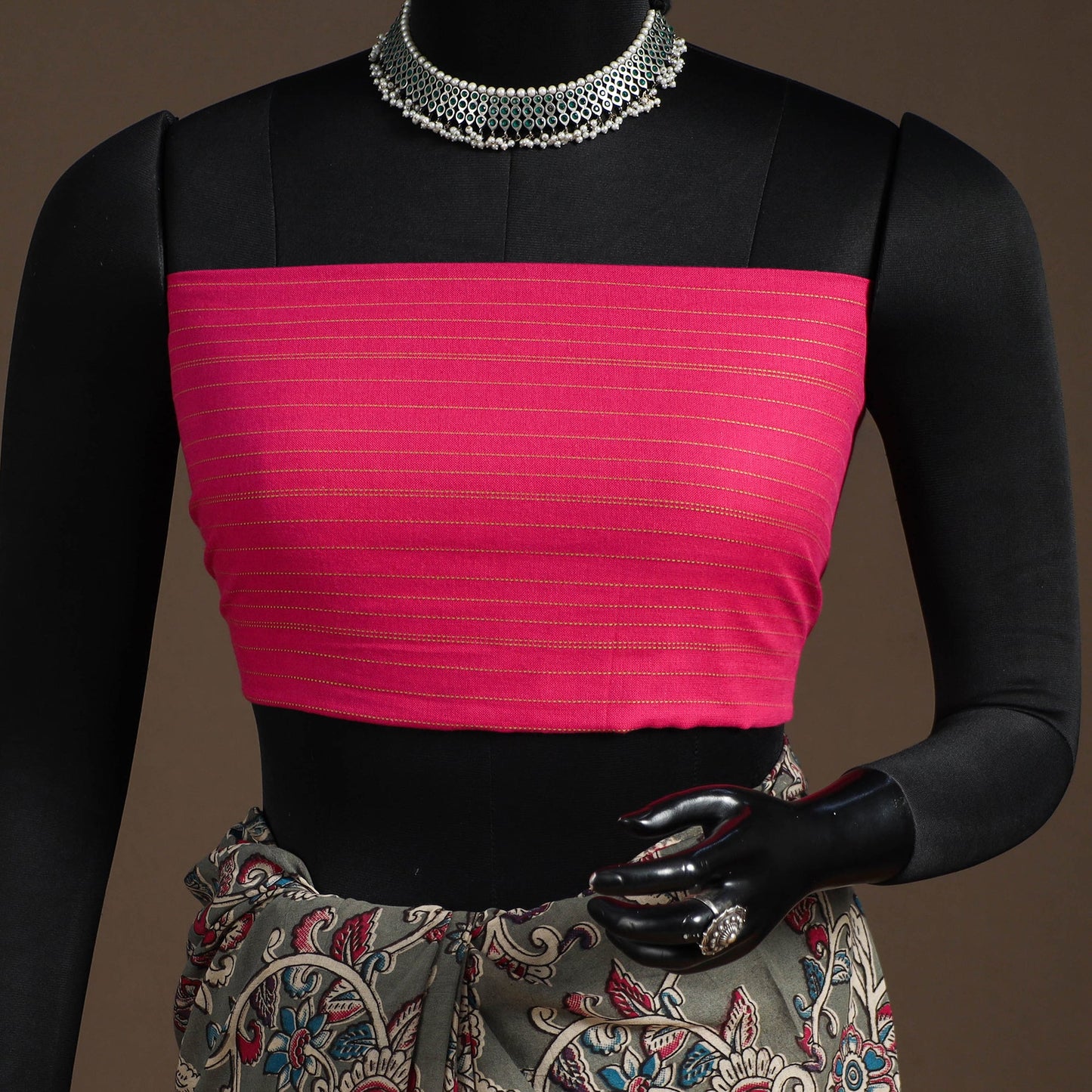 Printed cotton kalamkari saree with jacquard blouse 75