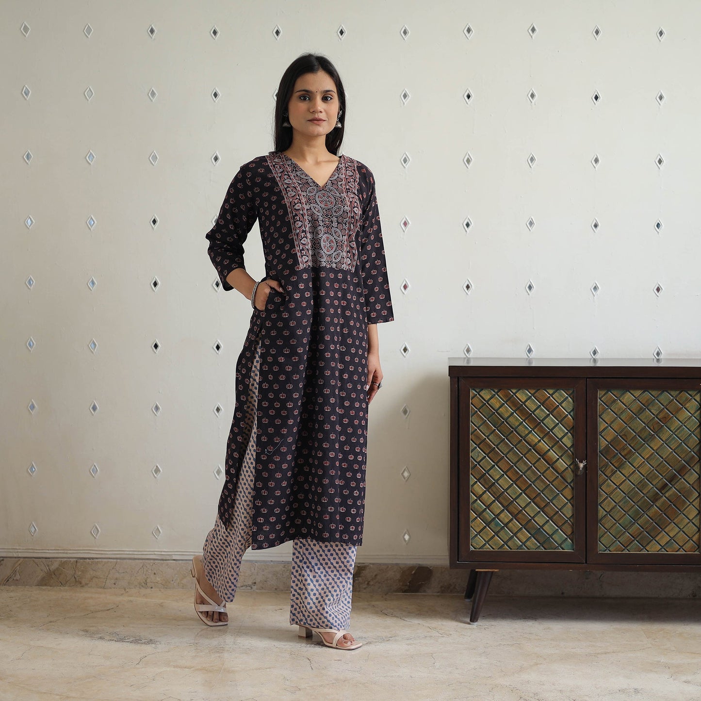  Block Printed Cotton Ajrakh Kurta Set Online 