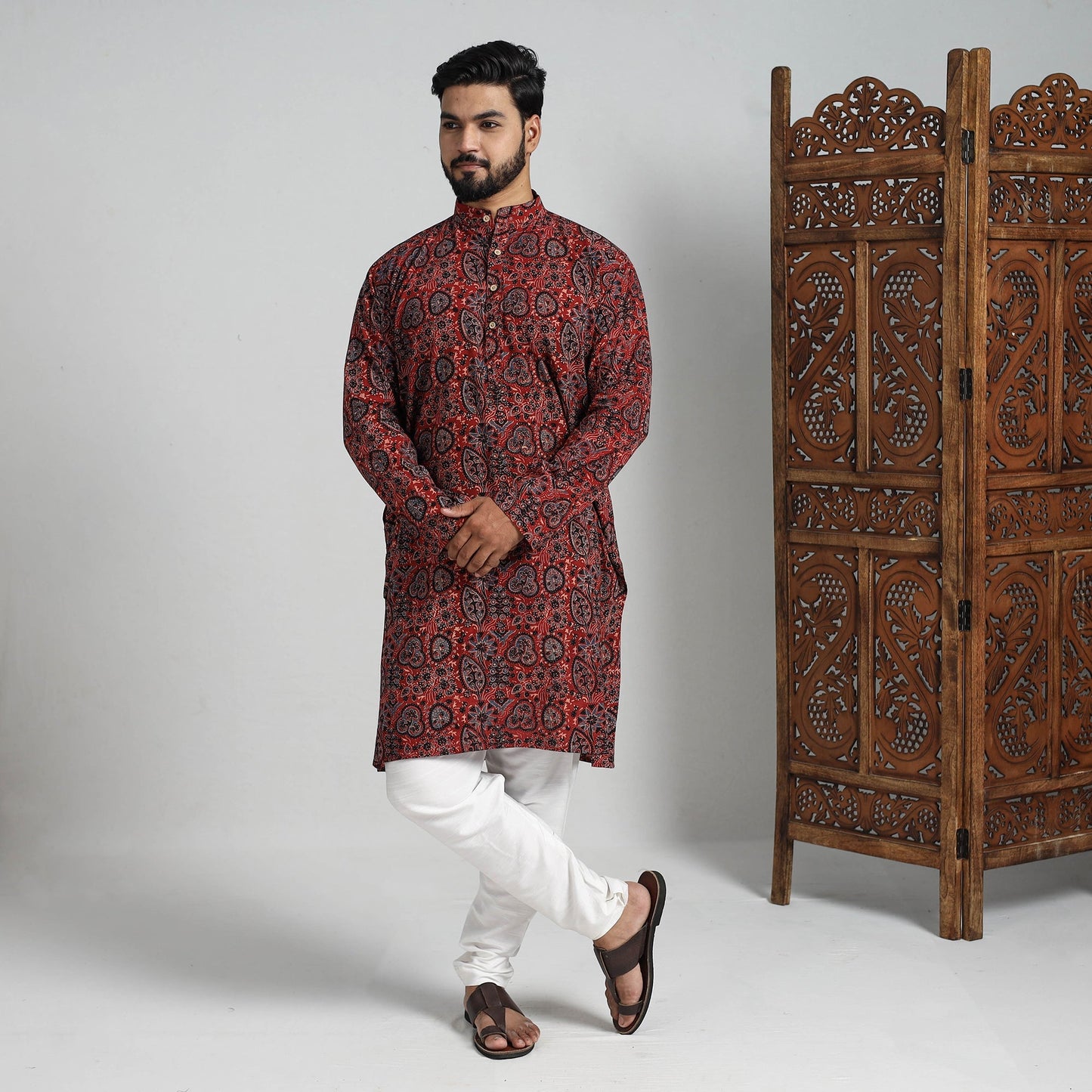 Buy Ajrakh Block Printed Cotton Men Long Kurta 15 Online at iTokri.com