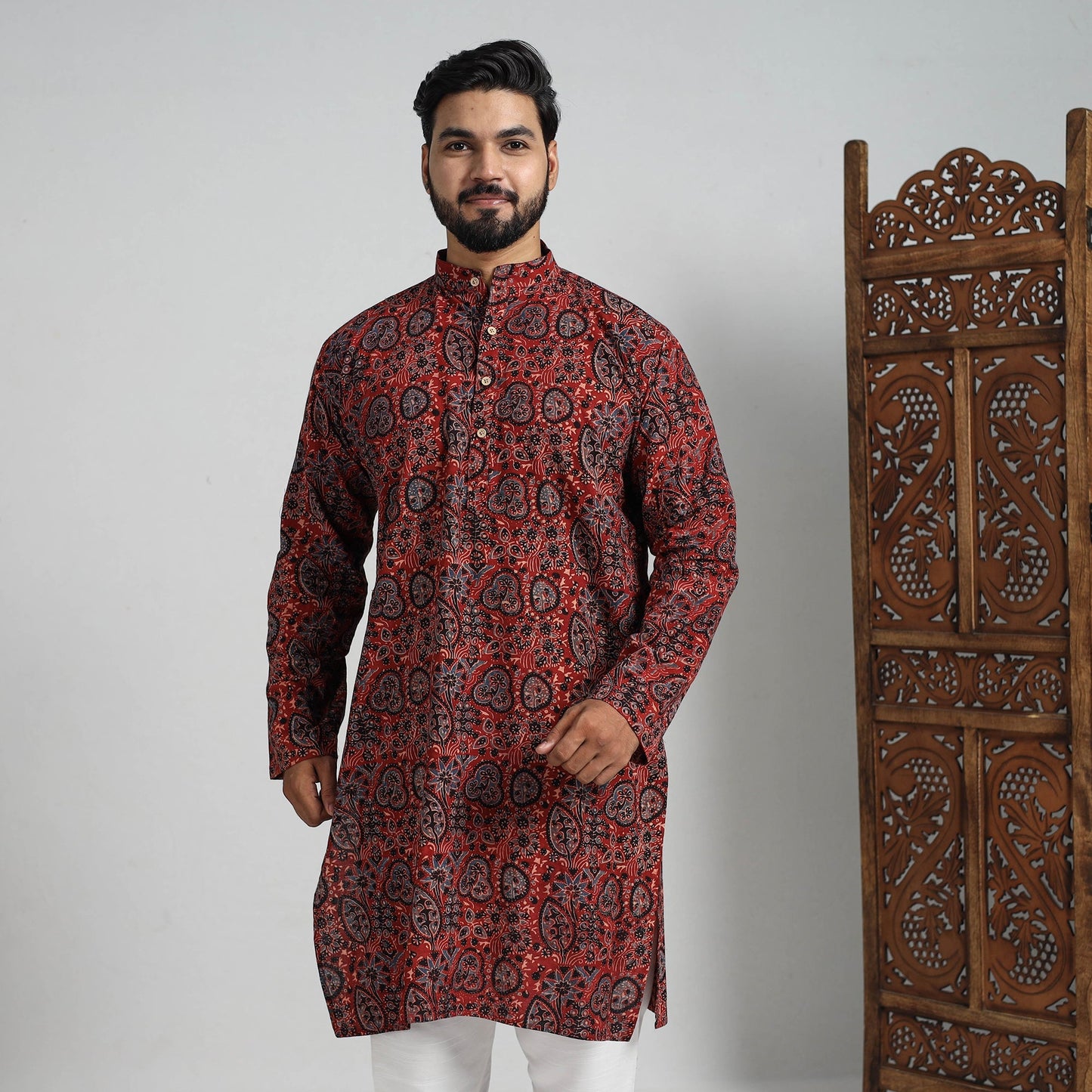 Buy Ajrakh Block Printed Cotton Men Long Kurta 15 Online at iTokri.com