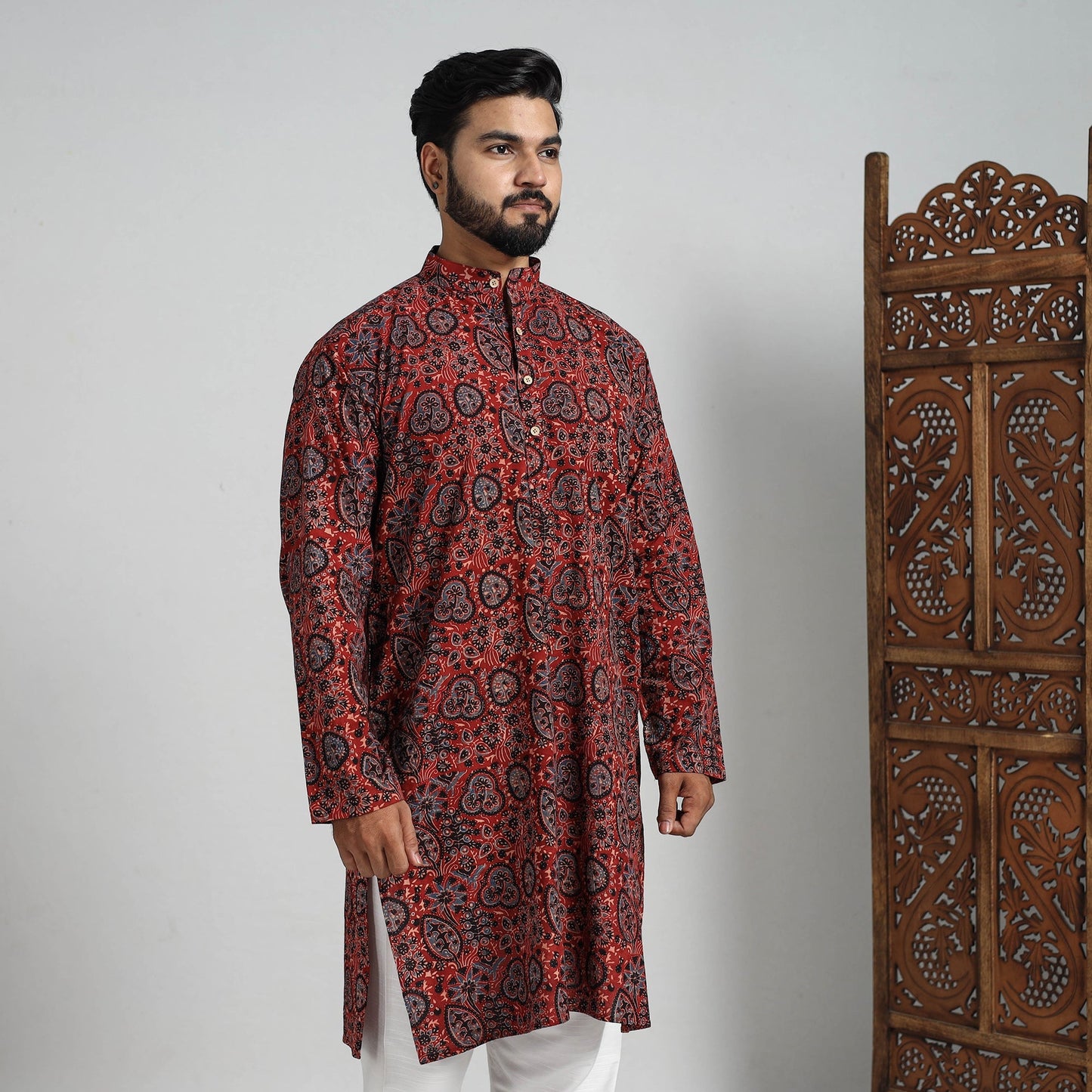 Buy Ajrakh Block Printed Cotton Men Long Kurta 15 Online at iTokri.com