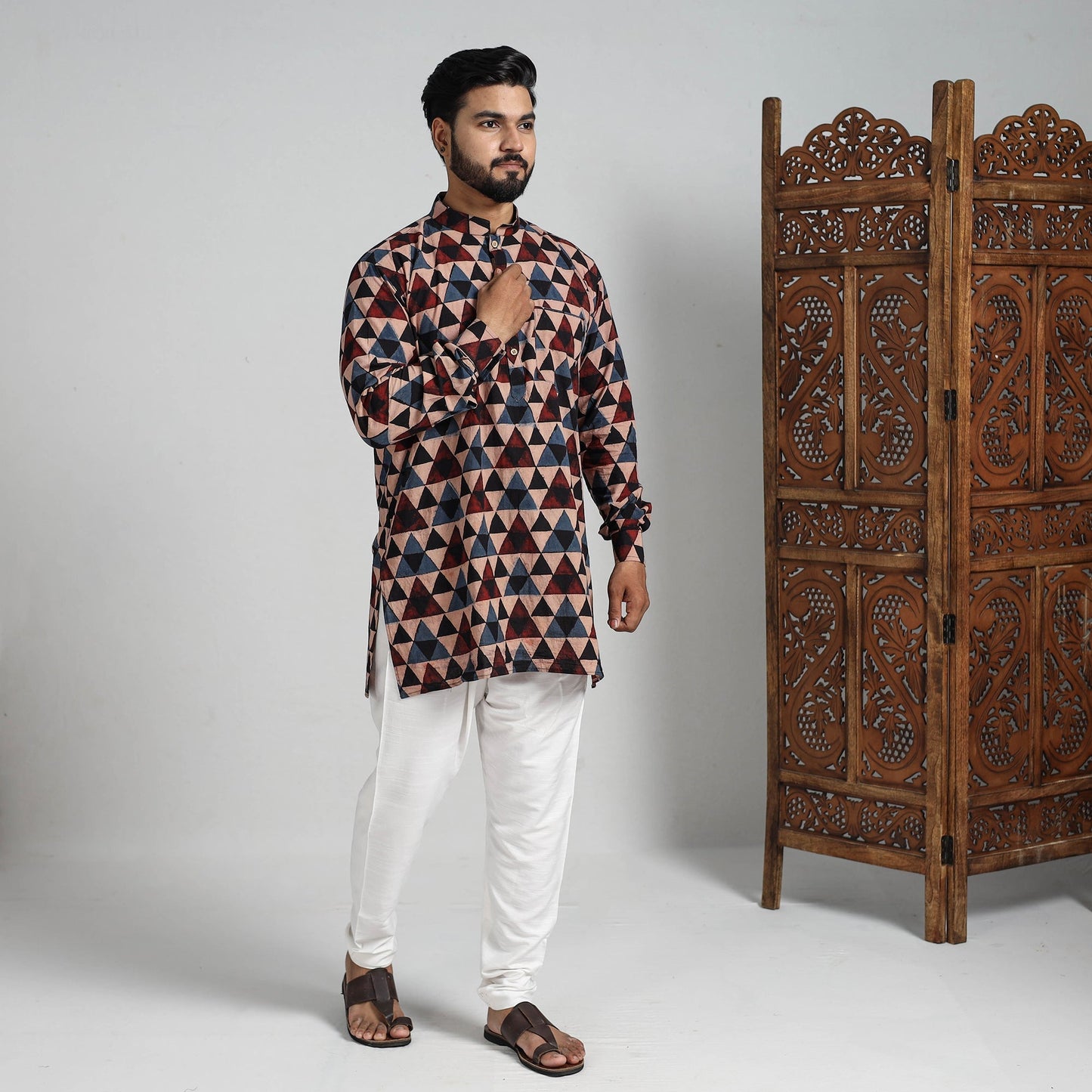 Buy Ajrakh Block Printed Cotton Men Short Kurta 07 Online at iTokri.com