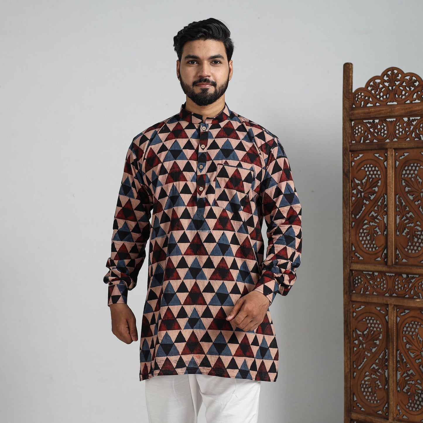 Buy Ajrakh Block Printed Cotton Men Short Kurta 07 Online at iTokri.com