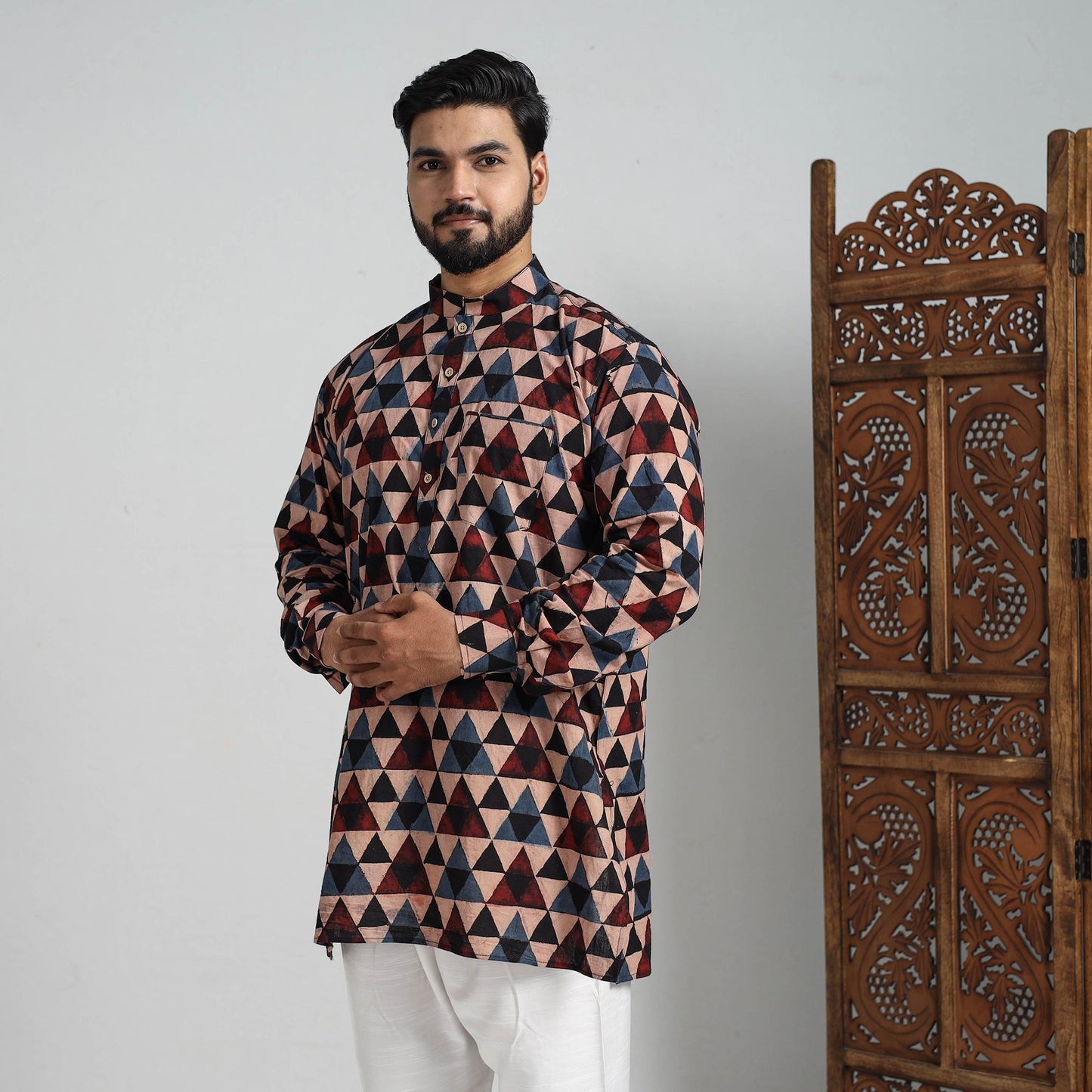 Buy Ajrakh Block Printed Cotton Men Short Kurta 07 Online at iTokri.com