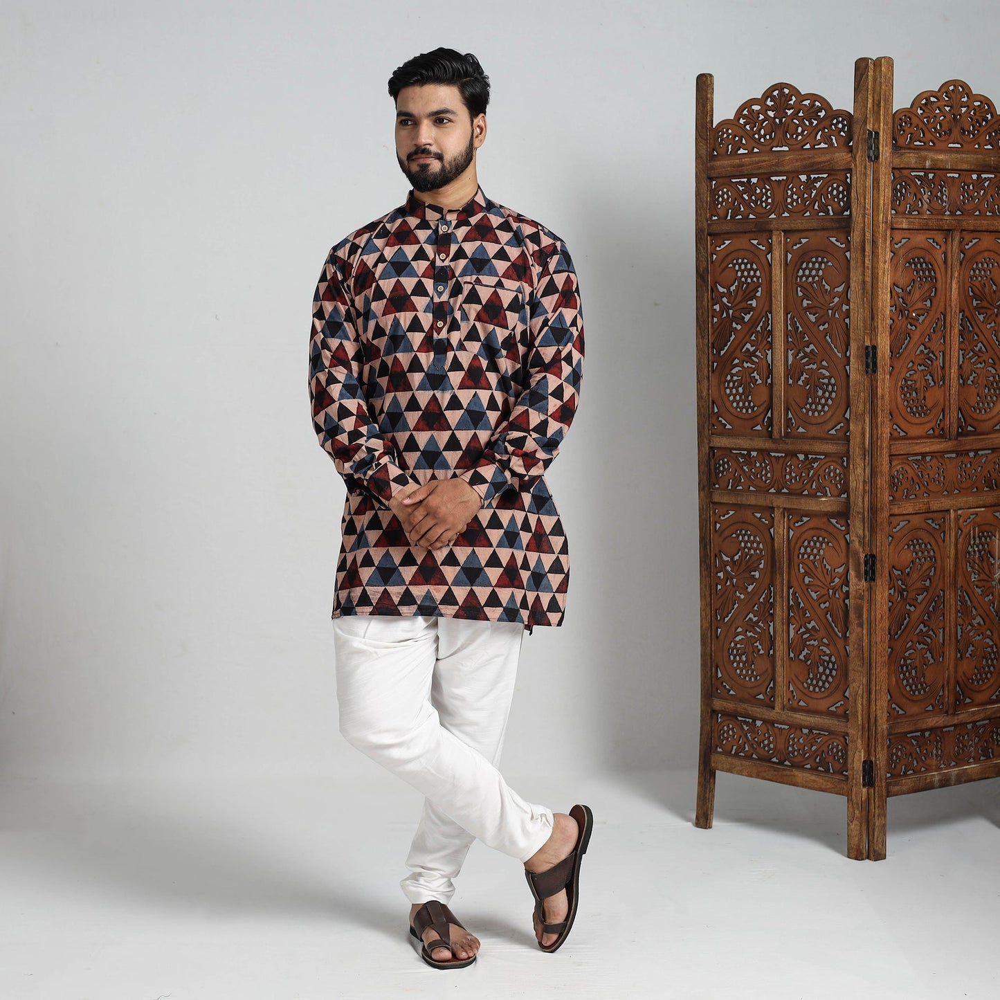 Buy Ajrakh Block Printed Cotton Men Short Kurta 07 Online at iTokri.com