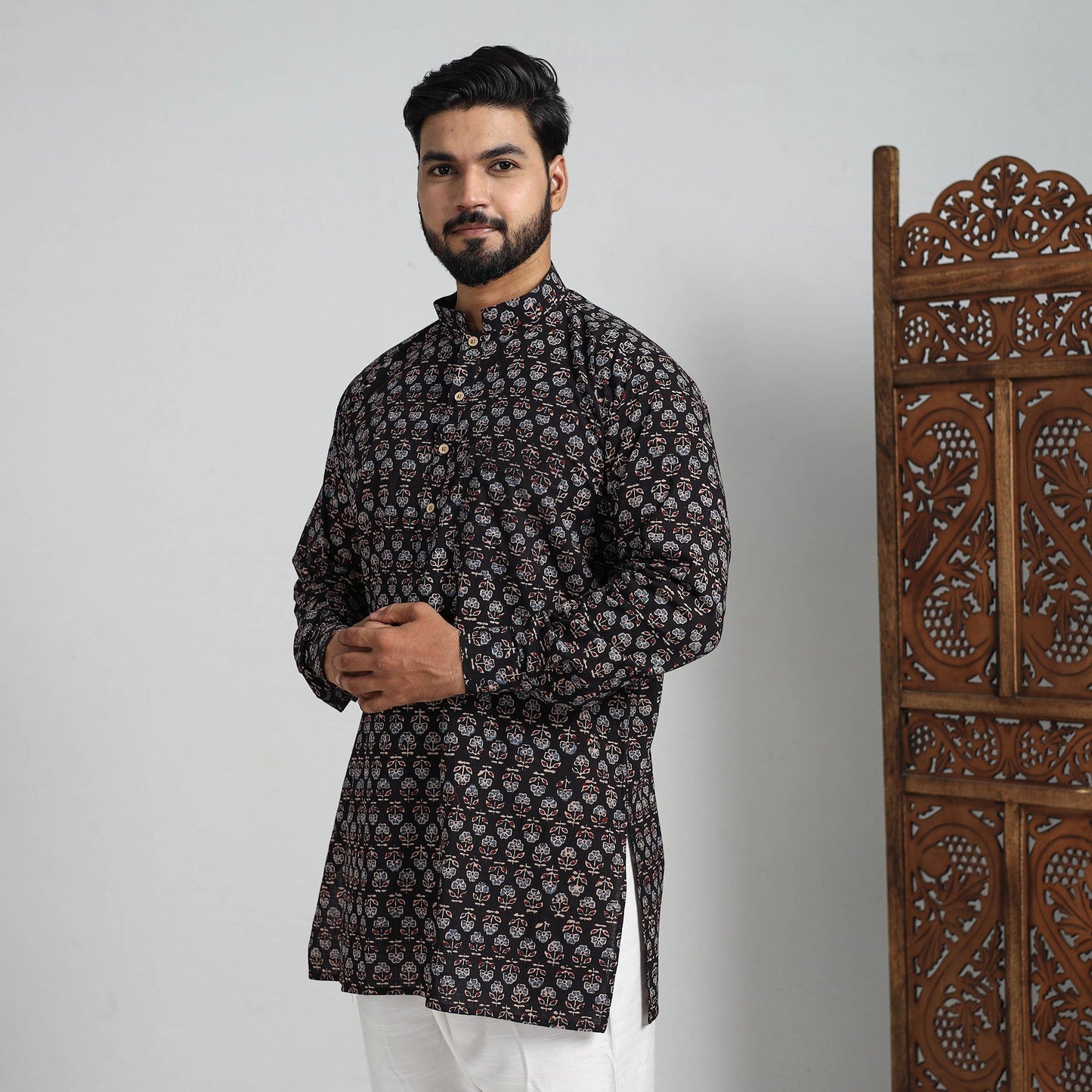 Buy Ajrakh Block Printed Cotton Men Short Kurta 08 Online at iTokri.com