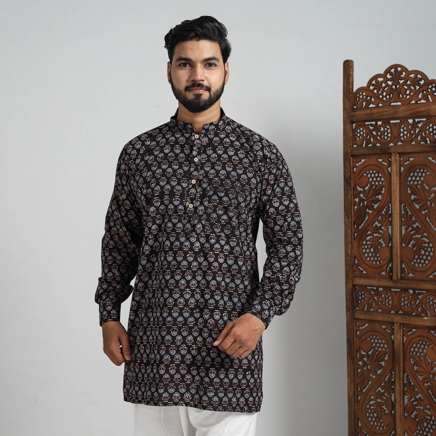 Buy Ajrakh Block Printed Cotton Men Short Kurta 08 Online at iTokri.com