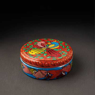 Bengal Patua Orange Handpainted Stainless Steel Masala Box