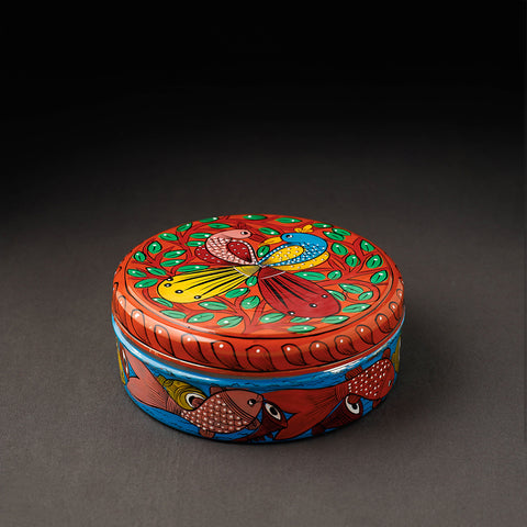 Bengal Patua Orange Handpainted Stainless Steel Masala Box