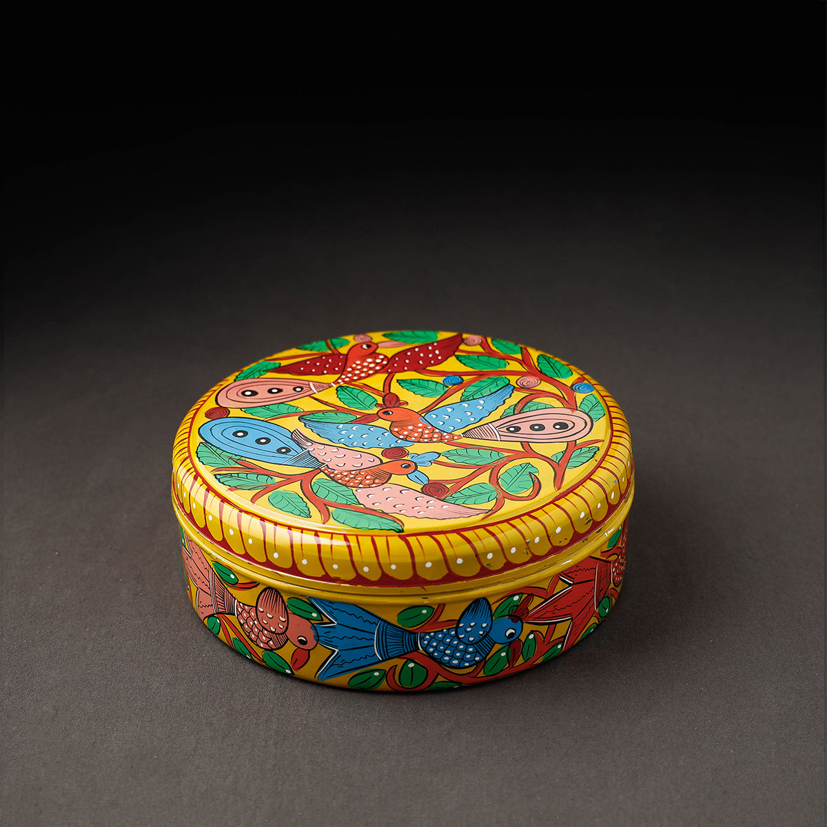 Bengal Patua Handpainted Stainless Steel Yellow Masala Box