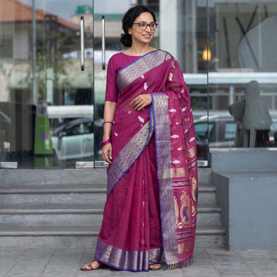 Purple Pure Cotton Handloom Bengal Tant Saree with Zari & Thread Work, draped and worn by a woman, AI visual of the saree, iTokri