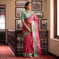 Pink Pure Cotton Handloom Bengal Tant Saree with Zari & Thread Work, draped and worn by a woman, AI visual of the saree, iTokri