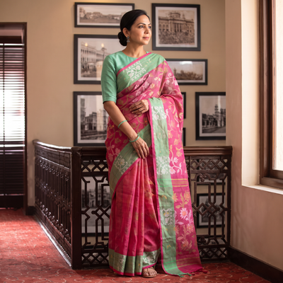 Pink Pure Cotton Handloom Bengal Tant Saree with Zari & Thread Work, draped and worn by a woman, AI visual of the saree, iTokri