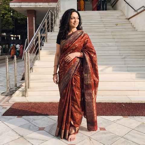 Red Pure Cotton Handloom Bengal Tant Saree with Zari & Thread Work, draped and worn by a woman, AI visual of the saree, iTokri