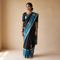 Black Pure Cotton Handloom Bengal Tant Saree with Zari & Thread Work, draped and worn by a woman, AI visual of the saree, iTokri