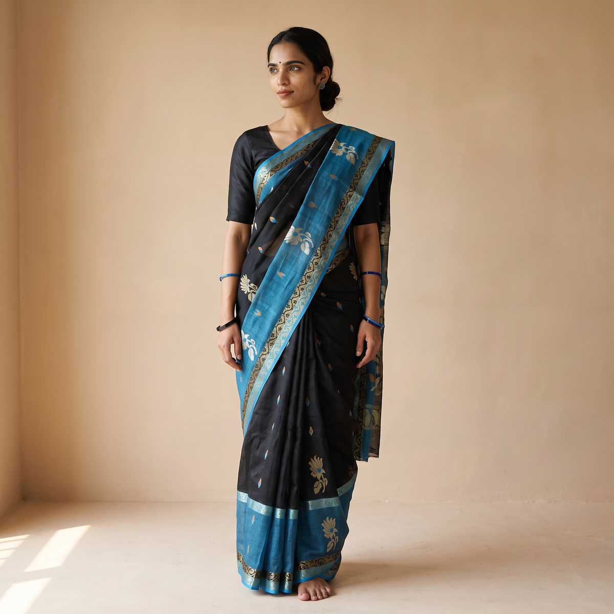Black Pure Cotton Handloom Bengal Tant Saree with Zari & Thread Work, draped and worn by a woman, AI visual of the saree, iTokri