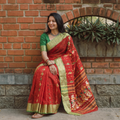 Red Pure Cotton Handloom Bengal Tant Saree with Zari & Thread Work, draped and worn by a woman, AI visual of the saree, iTokri