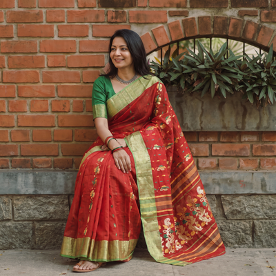 Red Pure Cotton Handloom Bengal Tant Saree with Zari & Thread Work, draped and worn by a woman, AI visual of the saree, iTokri