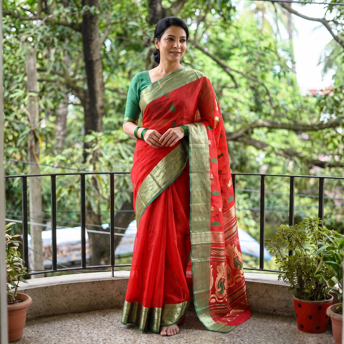 Red Pure Cotton Handloom Bengal Tant Saree with Zari & Thread Work, draped and worn by a woman, AI visual of the saree, iTokri