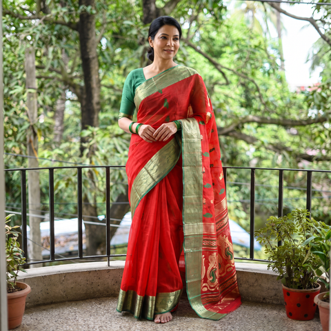 Red Pure Cotton Handloom Bengal Tant Saree with Zari & Thread Work, draped and worn by a woman, AI visual of the saree, iTokri