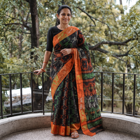 Black Pure Cotton Handloom Bengal Tant Saree with Zari & Thread Work, draped and worn by a woman, AI visual of the saree, iTokri