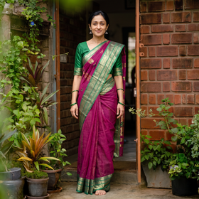 Purple Pure Cotton Handloom Bengal Tant Saree with Zari & Thread Work, draped and worn by a woman, AI visual of the saree, iTokri