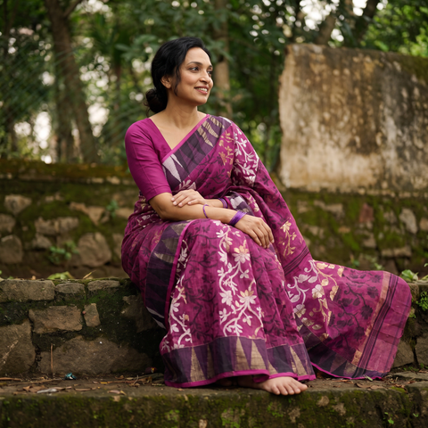 Purple Pure Cotton Handloom Bengal Tant Saree with Zari & Thread Work, draped and worn by a woman, AI visual of the saree, iTokri