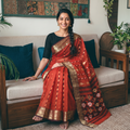 Orange Pure Cotton Handloom Bengal Tant Saree with Zari & Thread Work, draped and worn by a woman, AI visual of the saree, iTokri