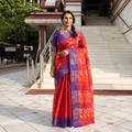 Red Pure Cotton Handloom Bengal Tant Saree with Zari & Thread Work, draped and worn by a woman, AI visual of the saree, iTokri