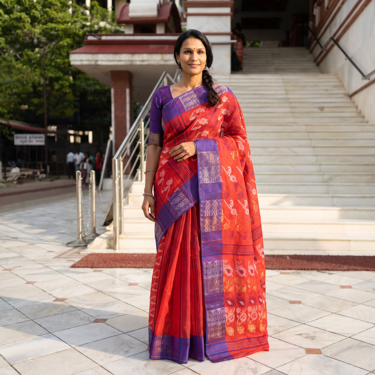 Red Pure Cotton Handloom Bengal Tant Saree with Zari & Thread Work, draped and worn by a woman, AI visual of the saree, iTokri