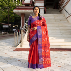 Red Pure Cotton Handloom Bengal Tant Saree with Zari & Thread Work, draped and worn by a woman, AI visual of the saree, iTokri