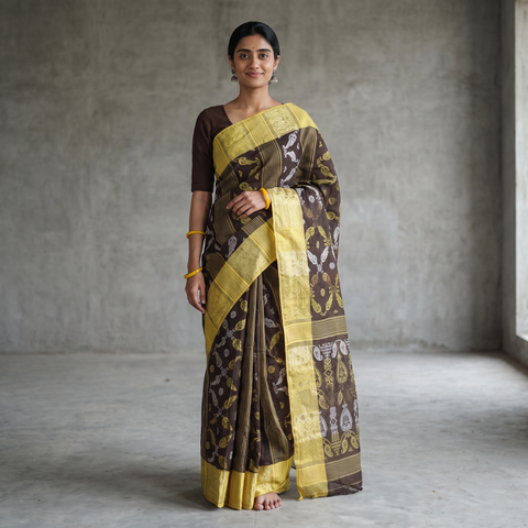Black Pure Cotton Handloom Bengal Tant Saree with Zari & Thread Work, draped and worn by a woman, AI visual of the saree, iTokri