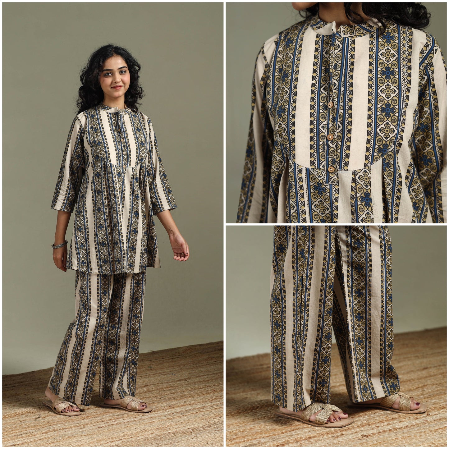 Pure cotton natural dyed ajrakh hand block print night suit