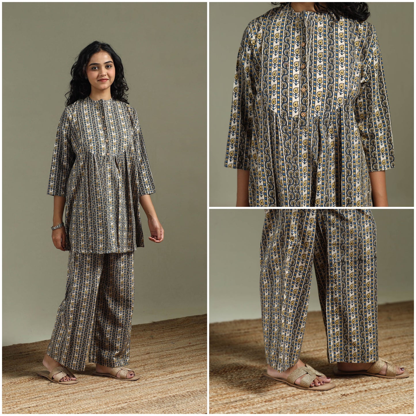 Pure cotton natural dyed ajrakh hand block print night suit