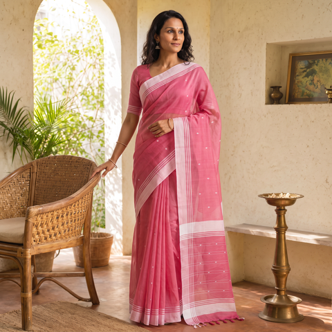 Pink Pure Handloom Cotton Thread Buti Chanderi Saree, draped and worn by a woman, AI visual of the saree, iTokri