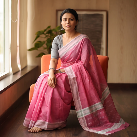 Pink Pure Handloom Cotton Thread Buti Chanderi Saree, draped and worn by a woman, AI visual of the saree, iTokri