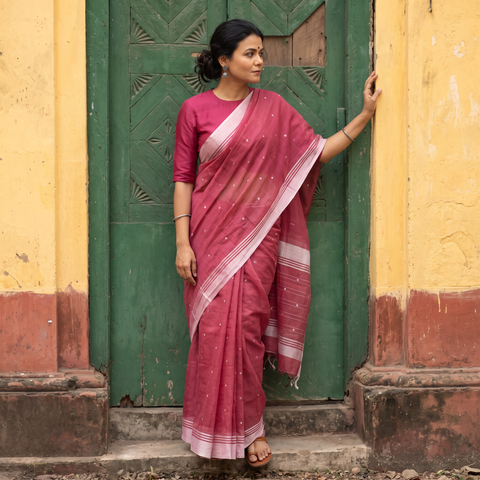 Pink Pure Handloom Cotton Thread Buti Chanderi Saree, draped and worn by a woman, AI visual of the saree, iTokri