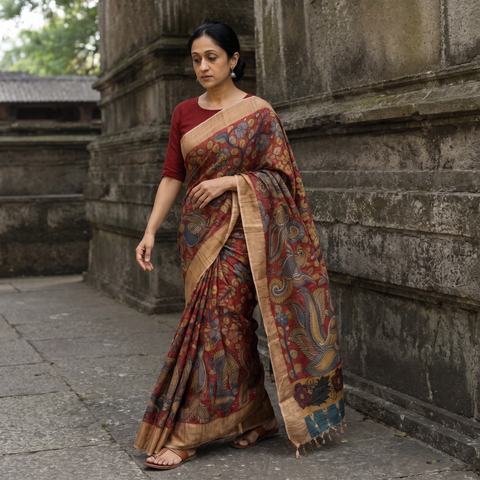 Maroon Pure Handloom Desi Tussar Silk Handpainted Srikalahasti Pen Kalamkari Saree with Zari Border, draped and worn by a woman, AI visual of the saree, iTokri