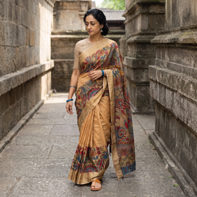 Beige Pure Handloom Desi Tussar Silk Handpainted Srikalahasti Pen Kalamkari Saree with Zari Border, draped and worn by a woman, AI visual of the saree, iTokri