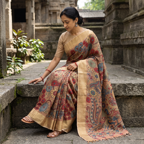 Beige Pure Handloom Desi Tussar Silk Handpainted Srikalahasti Pen Kalamkari Saree with Zari Border, draped and worn by a woman, AI visual of the saree, iTokri
