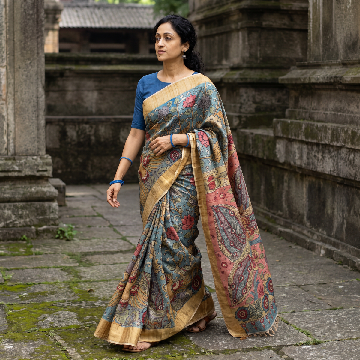Blue Pure Handloom Desi Tussar Silk Handpainted Srikalahasti Pen Kalamkari Saree with Zari Border, draped and worn by a woman, AI visual of the saree, iTokri