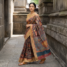 Brown Pure Handloom Desi Tussar Silk Handpainted Srikalahasti Pen Kalamkari Saree with Zari Border, draped and worn by a woman, AI visual of the saree, iTokri
