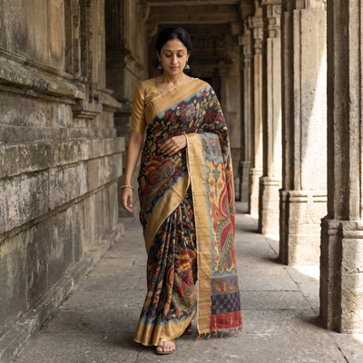 Black Pure Handloom Desi Tussar Silk Handpainted Srikalahasti Pen Kalamkari Saree with Zari Border, draped and worn by a woman, AI visual of the saree, iTokri